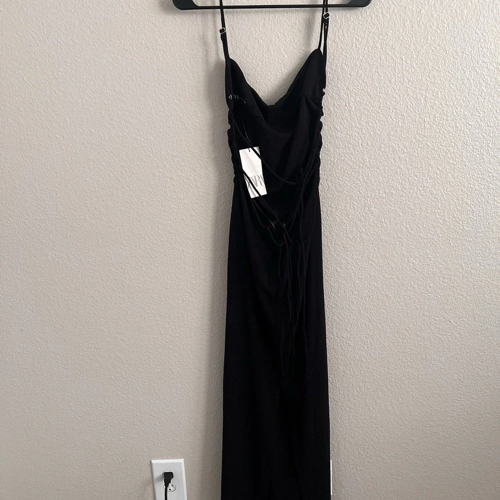 Zara Medium Dress Maxi Black Lace Up Back Ruched Whimsigoth Glam NWT - Picture 4 of 8